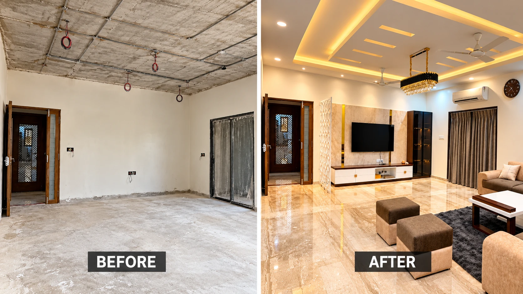 Before and after: Raw slab to a layered, lit living room