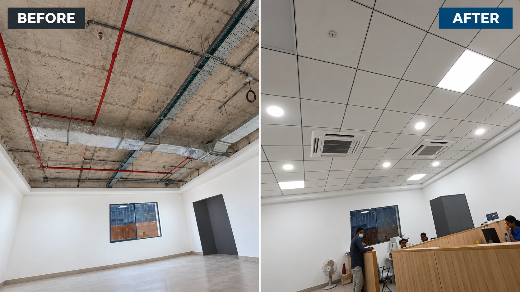 Before and after: Exposed services to a clean, quiet workplace