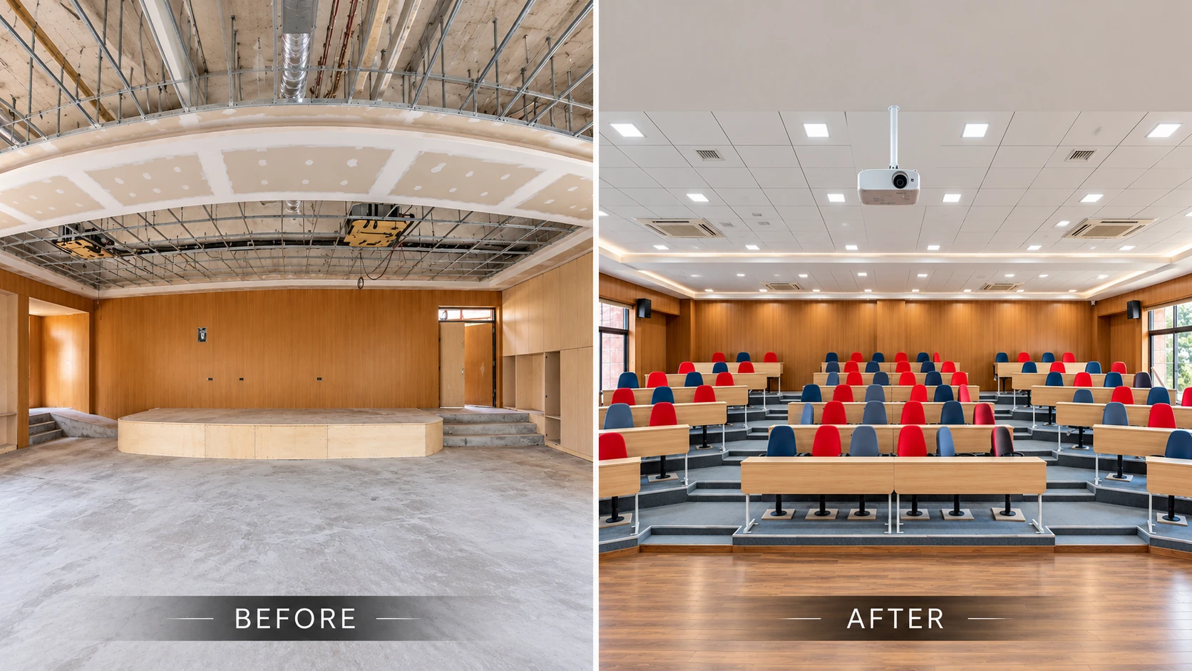 Before and after: Open framing to a finished tiered lecture hall