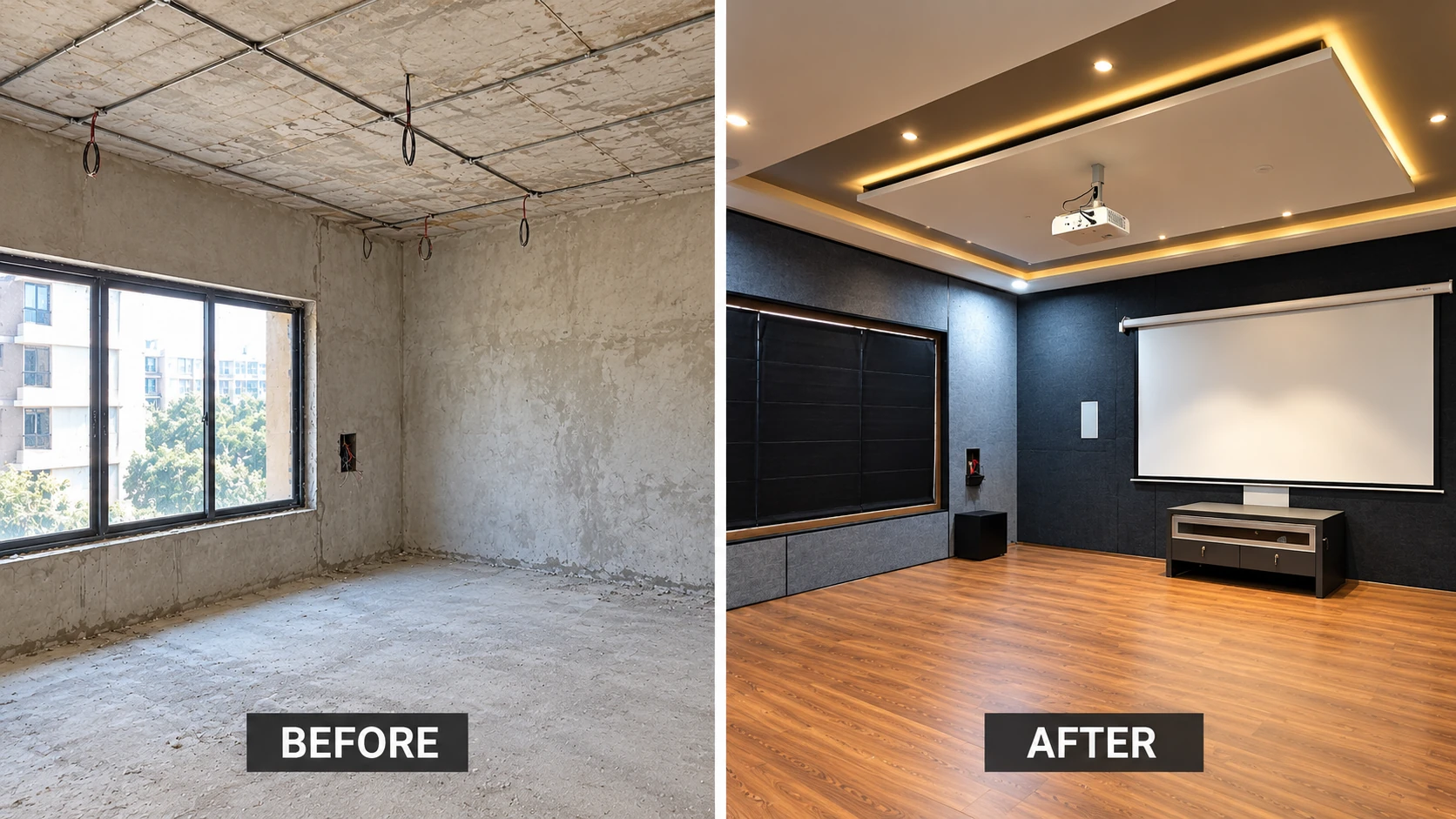 Before and after: Bare room to acoustic screening room