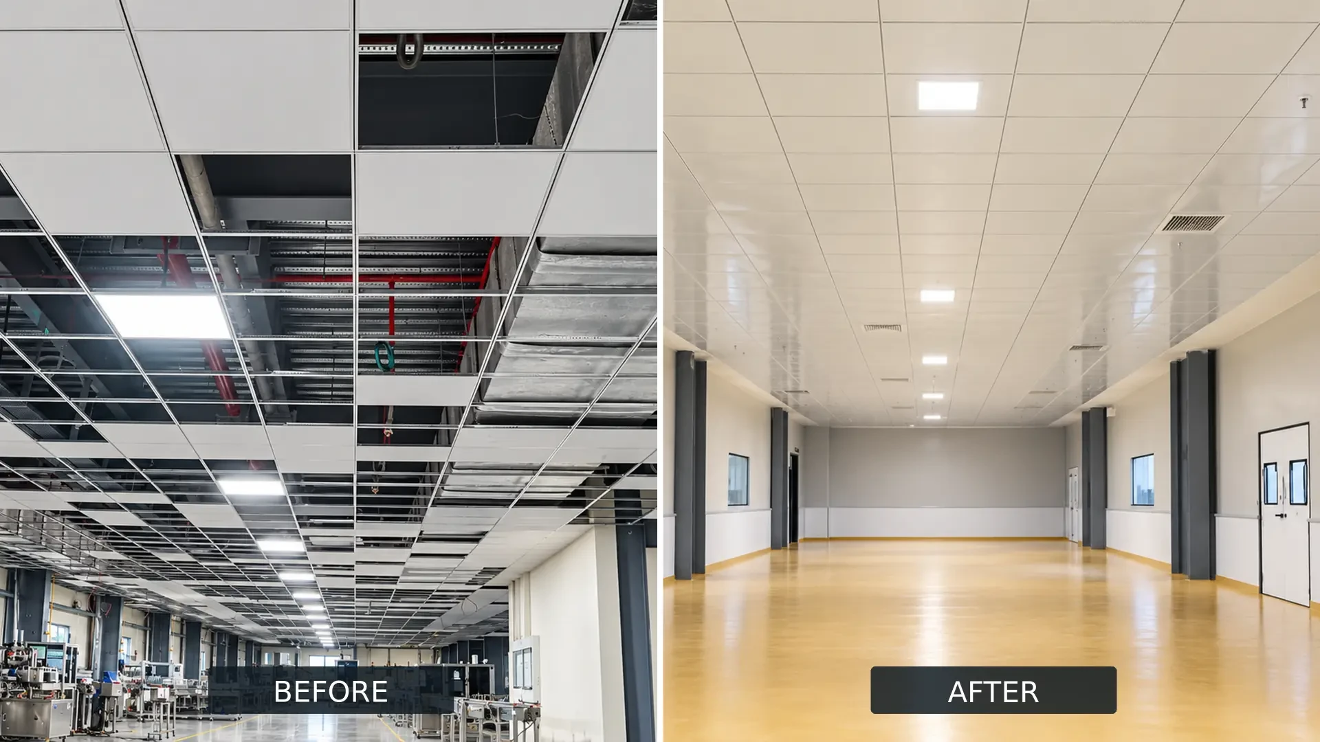 Before and after: Open plant ceiling to a clean, sealed hall