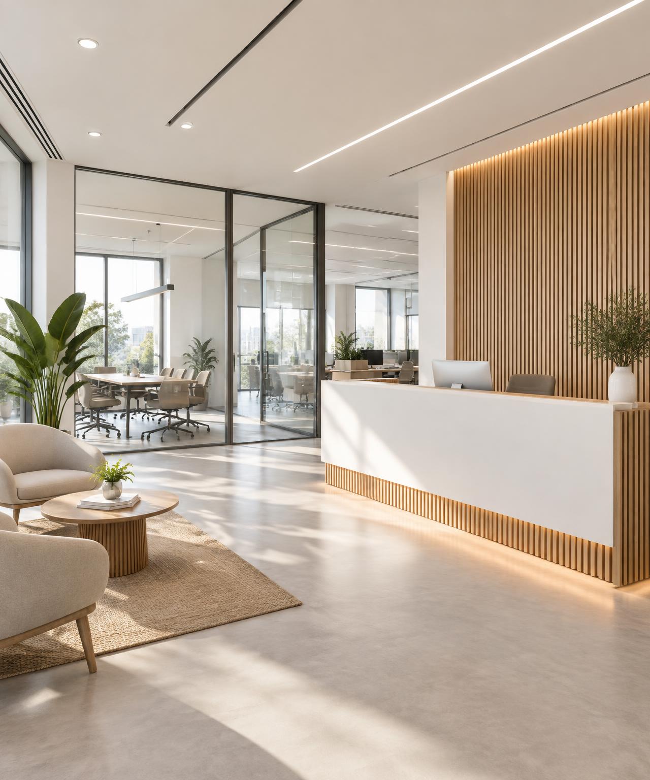 Bright office reception with false ceiling and wood slat panels